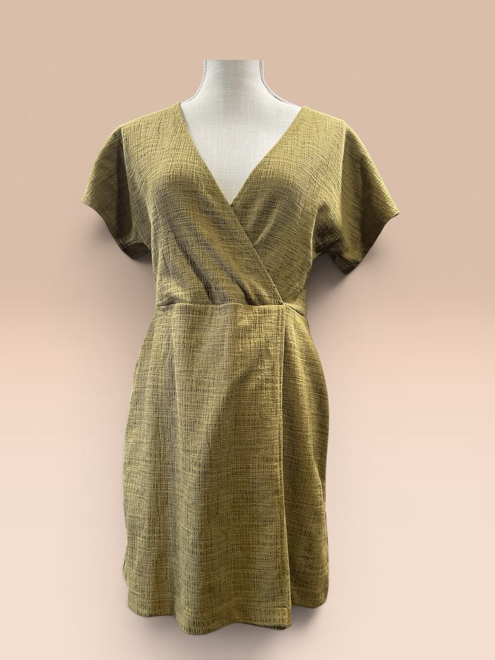 NWT Madewell Faux Wrap Dress Size Small S Olive Green Short Sleeve Mini Cotton